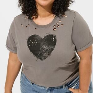 TORRID Women's Embellished Heart Relaxed Heritage Jersey Destructed Tee -10-NWT